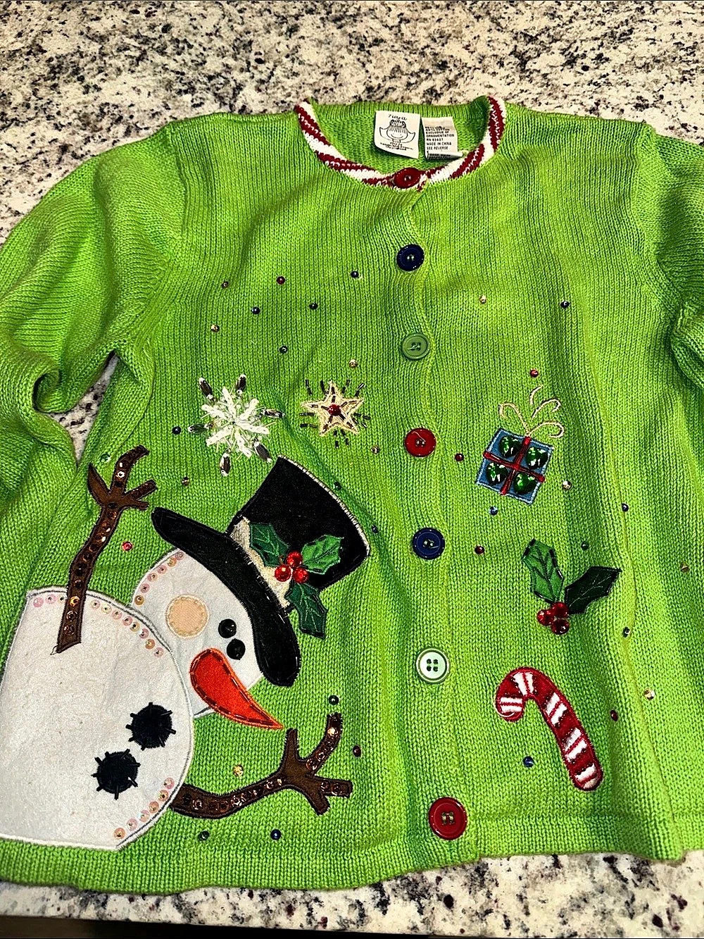 Tiara International Christmas Collection Green Snowman Cardigan